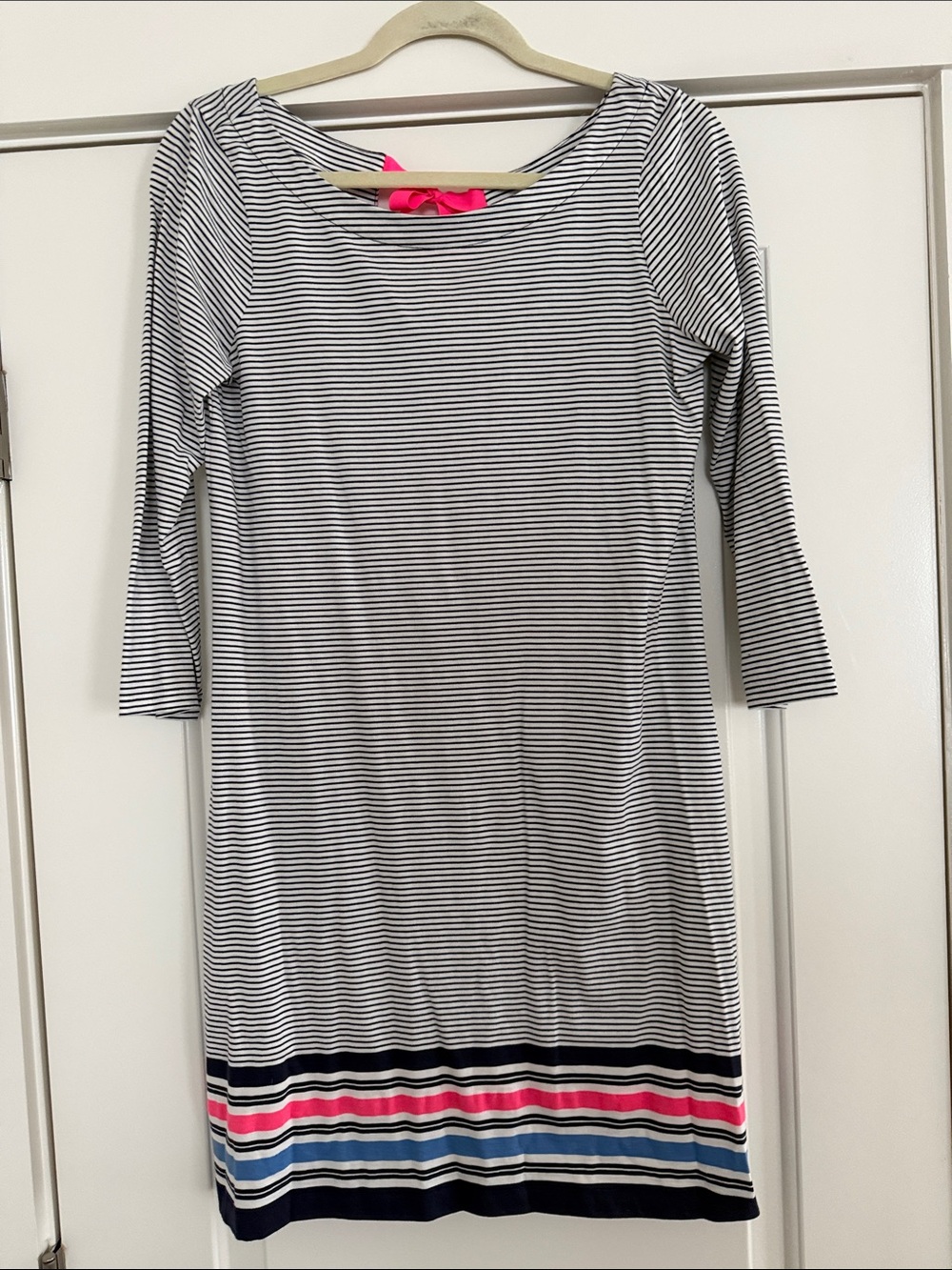 Lilly Pulitzer Navy and White Striped Mini Dress with Pink & Blue Trim - Picture 1 of 3